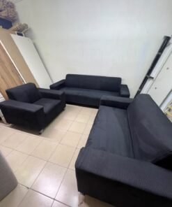 A black sofa set consisting of a large sofa (3-seater), a medium sofa (2-seater), and an armchair (1-seater), featuring wide armrests and modern metal legs. From Home Centre. - Image 6