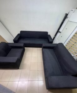 A black sofa set consisting of a large sofa (3-seater), a medium sofa (2-seater), and an armchair (1-seater), featuring wide armrests and modern metal legs. From Home Centre. - Image 14