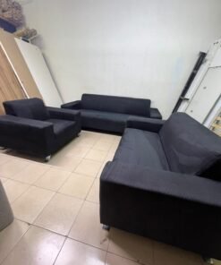 A black sofa set consisting of a large sofa (3-seater), a medium sofa (2-seater), and an armchair (1-seater), featuring wide armrests and modern metal legs. From Home Centre. - Image 13