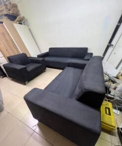 A black sofa set consisting of a large sofa (3-seater), a medium sofa (2-seater), and an armchair (1-seater), featuring wide armrests and modern metal legs. From Home Centre. - Image 11