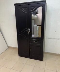 A dark brown (wenge-colored) wooden wardrobe featuring two doors—one of which has an upper mirror—along with a central drawer and a small cabinet (door) at the bottom. - Image 2