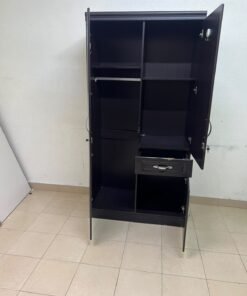 A dark brown (wenge-colored) wooden wardrobe featuring two doors—one of which has an upper mirror—along with a central drawer and a small cabinet (door) at the bottom. - Image 7