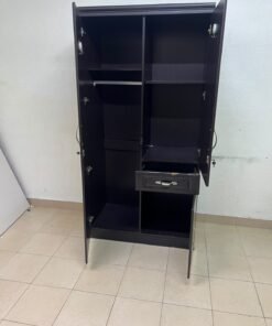 A dark brown (wenge-colored) wooden wardrobe featuring two doors—one of which has an upper mirror—along with a central drawer and a small cabinet (door) at the bottom. - Image 9