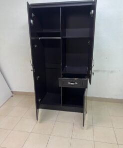 A dark brown (wenge-colored) wooden wardrobe featuring two doors—one of which has an upper mirror—along with a central drawer and a small cabinet (door) at the bottom. - Image 11