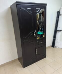 A dark brown (wenge-colored) wooden wardrobe featuring two doors—one of which has an upper mirror—along with a central drawer and a small cabinet (door) at the bottom. - Image 5