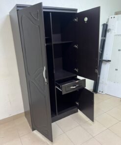 A dark brown (wenge-colored) wooden wardrobe featuring two doors—one of which has an upper mirror—along with a central drawer and a small cabinet (door) at the bottom. - Image 4