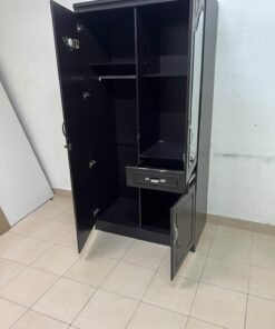 A dark brown (wenge-colored) wooden wardrobe featuring two doors—one of which has an upper mirror—along with a central drawer and a small cabinet (door) at the bottom. - Image 3