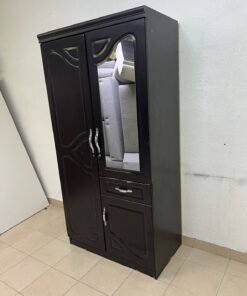A dark brown (wenge-colored) wooden wardrobe featuring two doors—one of which has an upper mirror—along with a central drawer and a small cabinet (door) at the bottom. - Image 8